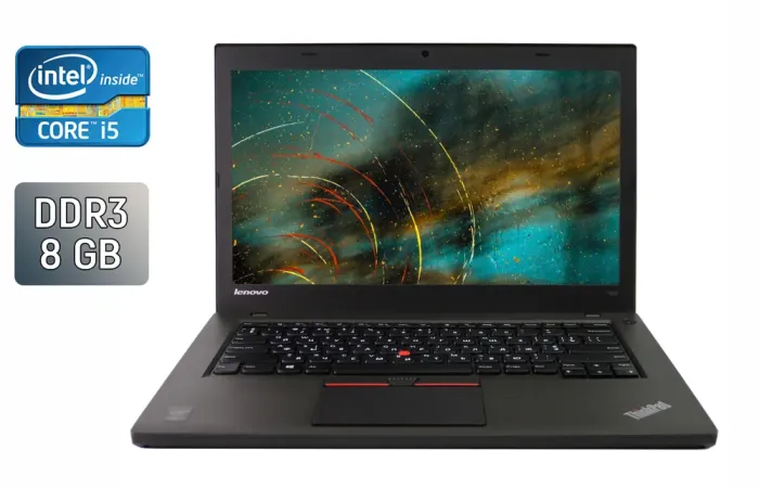 Ноутбук Lenovo ThinkPad T450 / 14" (1366x768) TN / Intel Core i5-5200U (2 (4) ядра по 2.2 - 2.7 GHz) / 8 GB DDR3 / 256 GB SSD / Intel HD Graphics 5500 / WebCam / Fingerprint / Windows 10 б/в - зображення 1