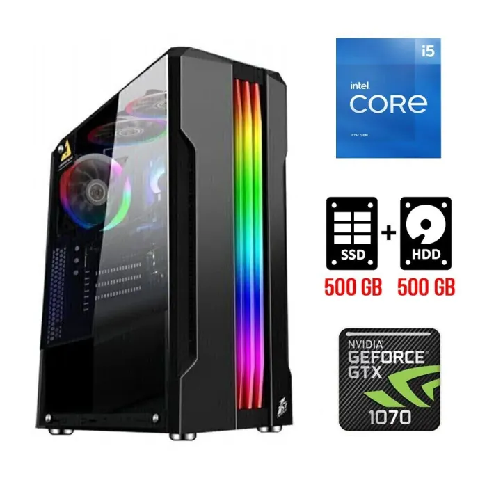 Ігровий ПК Tower / Intel Core i5-11400F (6 (12) ядер по 2.6 - 4.4 GHz) NEW / 16 GB DDR4 NEW / 500 GB SSD NEW + 500 GB HDD / nVidia GeForce GTX 1070, 8 GB GDDR5, 256-bit б/в - зображення 1