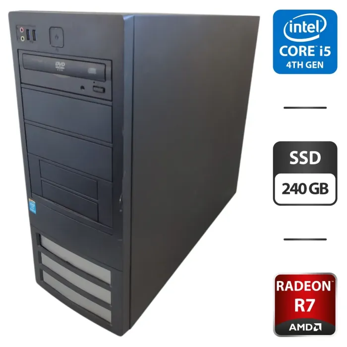 Комп'ютер NoName Tower / Intel Core i5-4590 (4 ядра по 3.3 - 3.7 GHz) / 16 GB DDR3 / 240 GB SSD / AMD Radeon R7 260X, 2 GB GDDR5, 128-bit / DVD-ROM б/в - зображення 1