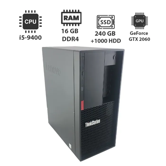 Ігровий ПК Lenovo ThinkStation P330 Tower / Intel Core i5-9400 (6 ядер 2,9 - 4,1 ГГц) / 16 ГБ DDR4 / 240 ГБ SSD + 1000 ГБ HDD / nVidia GeForce RTX 2060, 6 ГБ GDDR6, 192-біт / DVI, DP, HDMI б/в - зображення 1