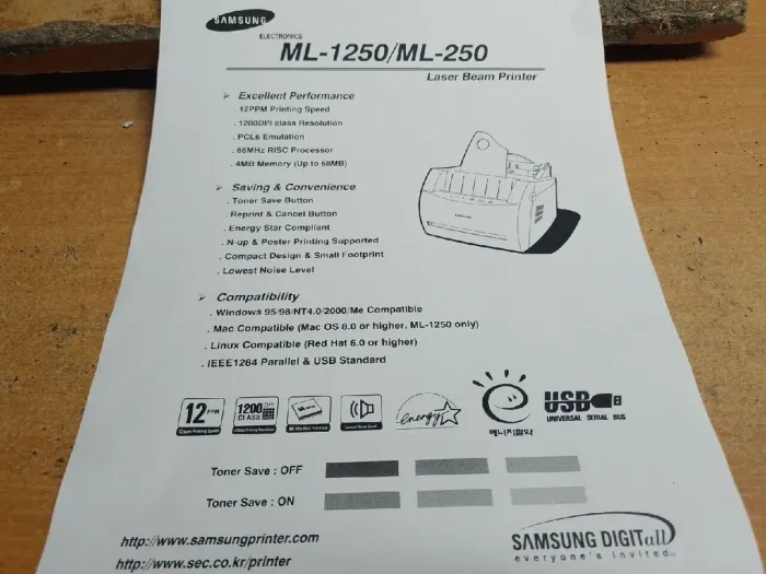 Принтер Б-клас Samsung ML-1250 / Лазерний монохромний друк / 1200x600 dpi / A4 / 12 стор/хв / USB 2.0, LPT б/в - зображення 4