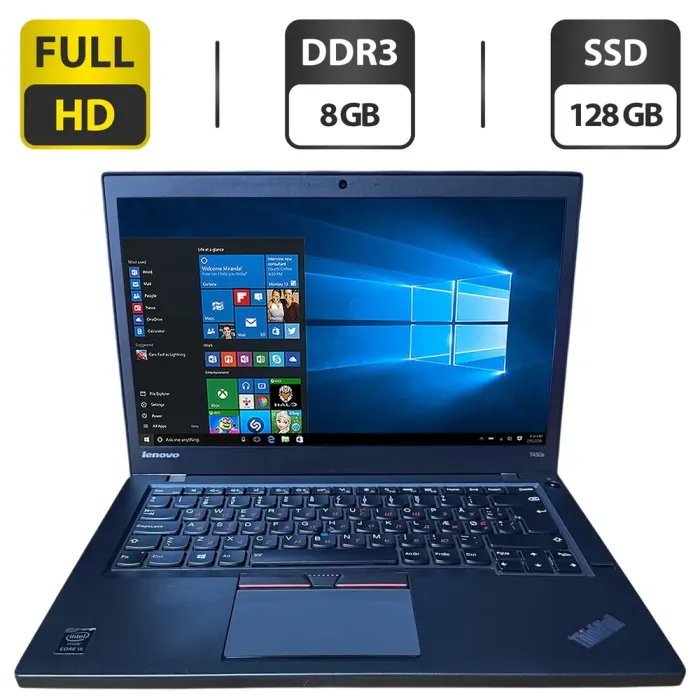 Ноутбук Б-клас Lenovo ThinkPad T450s / 14" (1920x1080) TN / Intel Core i5-5200U (2 (4) ядра по 2.2 - 2.7 GHz) / 8 GB DDR3 / 128 GB SSD / Intel HD Graphics 5500 / WebCam б/в - зображення 1