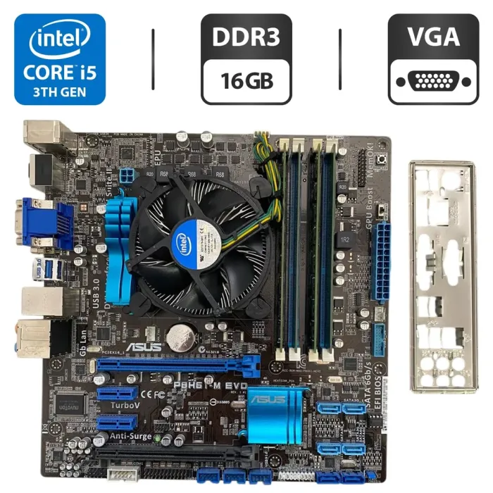 Комплект: материнська плата Asus P8H61-M EVO / Intel Core i5-3470 (4 ядра по 3.2 - 3.6 GHz) / 16 GB DDR3 / Intel HD Graphics 2500 / Socket LGA1155 / Кулер BOX б/в - зображення 1