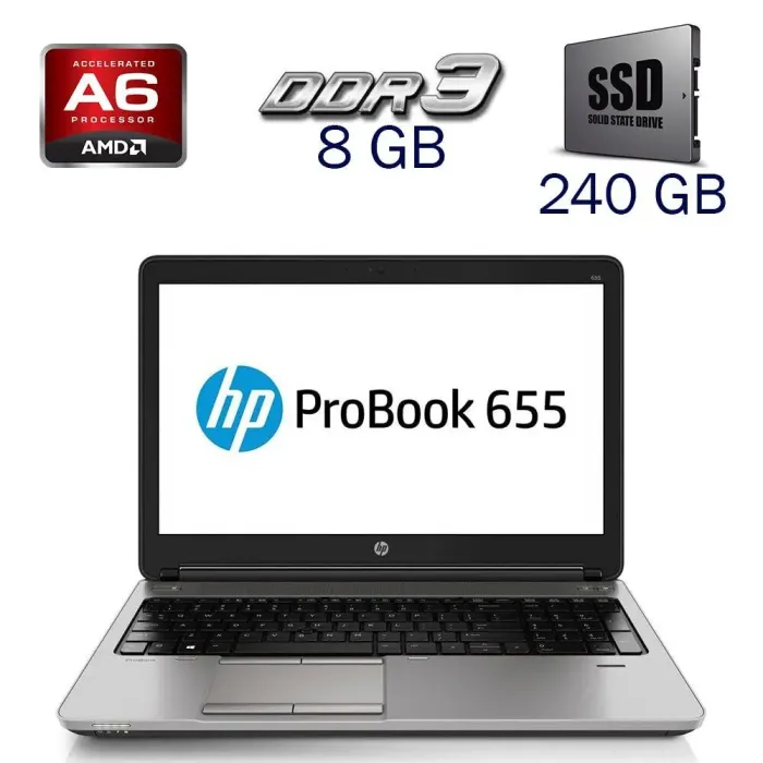 Ноутбук Б-клас HP ProBook 655 G1 / 15.6" (1366x768) TN / AMD A6-5350M (2 ядра по 2.9 - 3.5 GHz) / 8 GB DDR3 / 240 GB SSD / AMD Radeon HD 8450G / WebCam / Windows 10 RPO Lic б/в - зображення 1