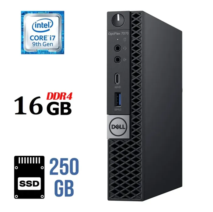 Неттоп Dell OptiPlex 7070 Micro USFF / Intel Core i7-9700T (8 ядер по 2.0 - 4.3 GHz) / 16 GB DDR4 / 250 GB SSD / Intel UHD Graphics 630 / DisplayPort б/в - зображення 1