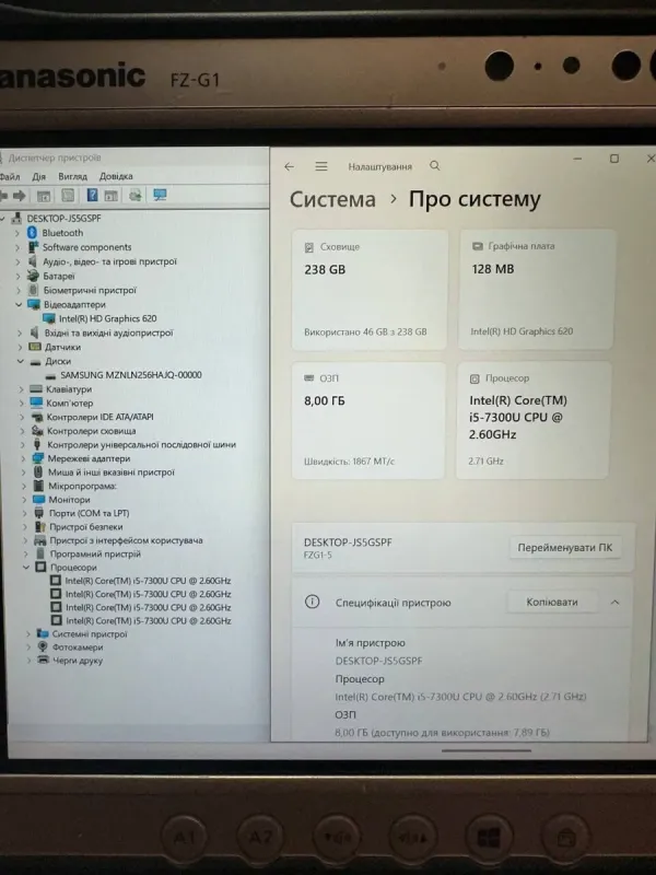 Захищений планшет Panasonic Toughpad FZ-G1 / 10,1" (1920x1200) IPS Touch / Intel Core i5-7300U (2 (4) ядра по 2,6 - 3,5 ГГц) / 8 ГБ DDR3 / 256 ГБ SSD / Intel HD Graphics 620 / WebCam / Win 11 Pro б/в - зображення 10