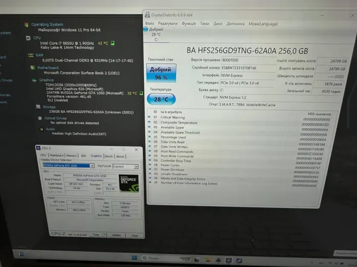 Ігровий ультрабук-трансформер Б-клас Microsoft Surface Book 2 / 13.5" (3000x2000) IPS Touch / Intel Core i7-8650U (4 (8) ядра по 1.9 - 4.2 GHz) / 8 GB DDR4 / 256 GB SSD / nVidia GeForce GTX 1050, 2 GB GDDR5, 128-bit / WebCam / Win 11 Pro б/в - зображення 11