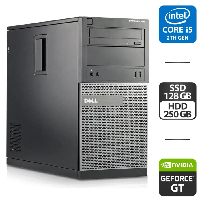Комп'ютер Dell OptiPlex 390 Tower / Intel Core i5-2500K (4 ядра по 3.3 - 3.7 GHz) / 16 GB DDR3 / 128 GB SSD + 250 GB HDD / nVidia GeForce GT 610, 2 GB GDDR3, 64-bit / DVD-ROM б/в - зображення 1