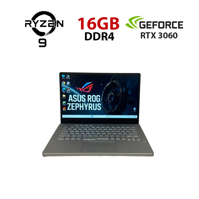 Ігровий ультрабук Asus ROG Zephyrus G14 GA401QM / 14" (1920x1080) IPS / AMD Ryzen 9 5900HS (8 (16) ядер по 3.0 - 4.6 GHz) / 16 GB DDR4 / 512 GB SSD / nVidia GeForce RTX 3060, 6 GB GDDR6, 192-bit б/в - изображение 1