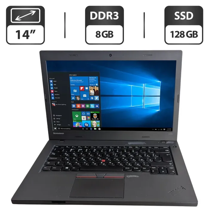 Ноутбук Б-клас Lenovo ThinkPad L450 / 14" (1366x768) TN / Intel Core i3-5005U (2 (4) ядра по 2.0 GHz) / 8 GB DDR3 / 128 GB SSD / Intel HD Graphics 5500 / WebCam б/в - зображення 1