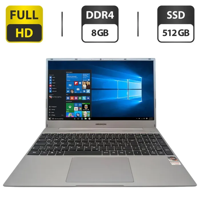 Ноутбук Medion Akoya E15301 / 15.6" (1920x1080) IPS / AMD Ryzen 7 3700U (4 (8) ядра по 2.3 - 4.0 GHz) / 8 GB DDR4 / 512 GB SSD M.2 / AMD Radeon RX Vega 10 Graphics / WebCam б/в - зображення 1