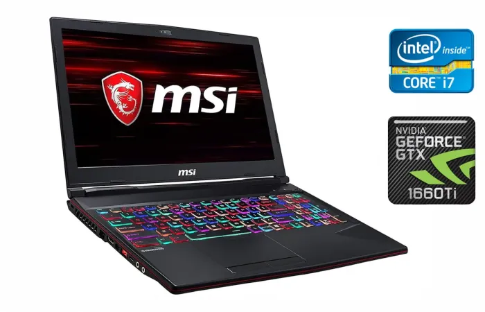 Ігровий ноутбук MSI MS16P7 GL63 9SDK / 15.6" (1920x1080) IPS / Intel Core i7-9750H (6 (12) ядер по 2.6 - 4.5 GHz) / 16 GB DDR4 / 512 GB SSD / nVidia GeForce GTX 1660 Ti, 6 GB GDDR6, 192-bit / WebCam / Windows 10 б/в - зображення 1