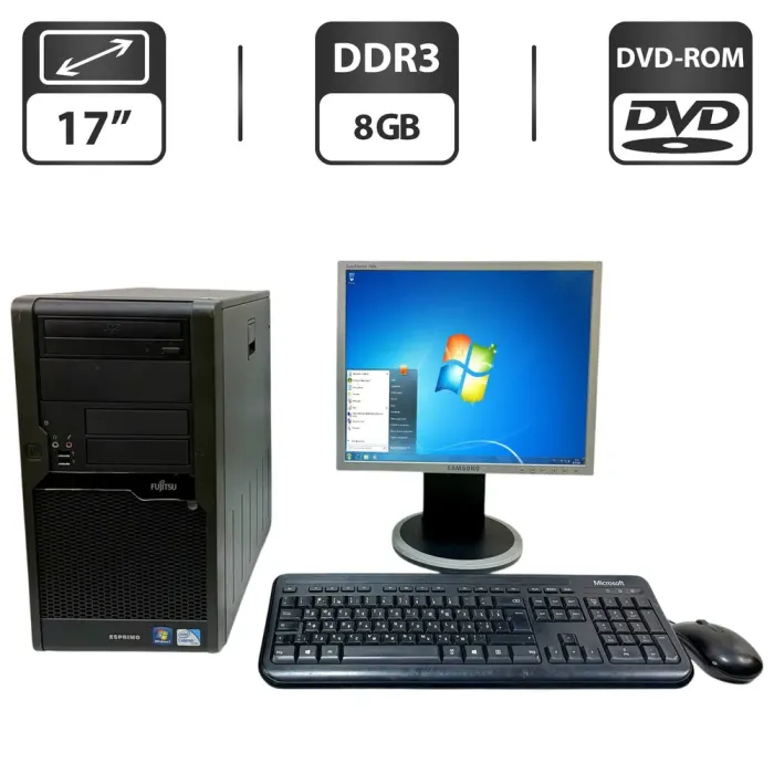 Комплект ПК: Fujitsu Esprimo P5731 E-Star5 Tower / Intel Pentium E5400 (2 ядра по 0.800 - 2.7 GHz) / 8 GB DDR3 / 250 GB HDD / Intel Graphics / DVD-ROM + Монітор Б-клас Samsung SyncMaster 740B / 17" (1280x1024) TN + Клавіатура, мишка, кабелі б/в - зображення 1