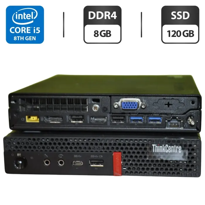 Неттоп Lenovo ThinkCentre M720q Tiny USFF / Intel Core i5-8400T (6 ядер по 1.7 - 3.3 GHz) / 8 GB DDR4 / 120 GB SSD / Intel UHD Graphics 630 / Wi-Fi / Windows 11 Pro б/в - зображення 1