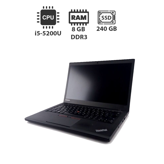 Ноутбук Lenovo ThinkPad T450 / 14" (1366x768) TN / Intel Core i5-5200U (2 (4) ядра по 2.2 - 2.7 GHz) / 8 GB DDR3 / 240 GB SSD / Intel HD Graphics 5500 / WebCam б/в - зображення 1