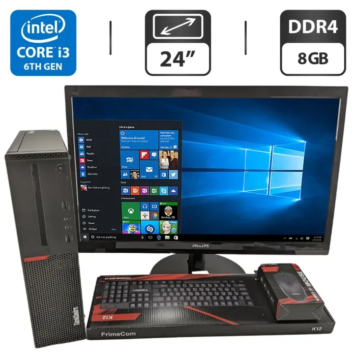 Комплект ПК: Lenovo ThinkCentre M900 SFF / Intel Core i3-6100 (2 (4) ядра по 3.7 GHz) / 8 GB DDR4 / 500 GB HDD / Intel HD Graphics 530 + Монітор Philips V Line 246V5LHAB/00 / 24" (1920x1080) TN / VGA, DVI, HDMI, USB-Hub б/в - зображення 1
