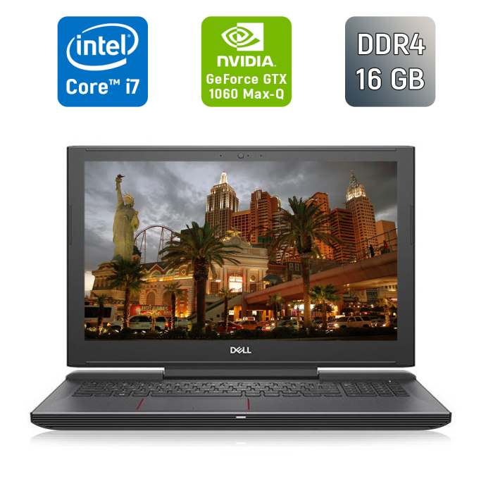 Ігровий ноутбук Dell Inspiron 7577 / 15.6" (3840x2160) IPS / Intel Core i7-7700HQ (4 (8) ядра по 2,8 - 3,8 ГГц) / 16 ГБ DDR4 / 128 ГБ SSD + 1000 ГБ HDD / nVidia GeForce GTX 1060 Max-Q, 6 ГБ GDDR5, 192-біт / WebCam / TouchID б/в - изображение 1