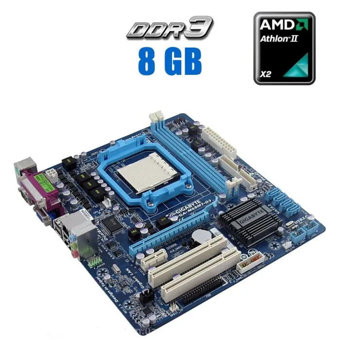 Комплект: Материнська плата Gigabyte GA-M68MT-D3 / AM3 / AMD Athlon II X2 250 (2 ядра по 3.0 GHz) / 8 GB DDR3 + Кулер б/в - зображення 1