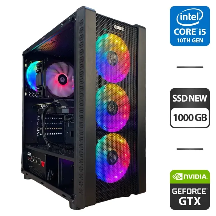 Ігровий ПК Qube Storm Black Tower / Intel Core i5-10400F (6 (12) ядер по 2.9 - 4.3 GHz) / 16 GB DDR4 / 1000 GB SSD M.2 / nVidia GeForce GTX 1660 Super, 6 GB GDDR6, 192-bit / 550W б/в - зображення 1
