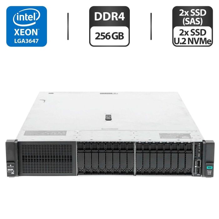 Сервер HP ProLiant DL380 Gen10 (8x 2.5 SFF, 8x 2.5 U2 NVMe) 2U Rack / 2x Intel Xeon Gold 6138 (20 (40) ядра по 2.0 - 3.7 GHz) / 256 GB DDR4 / 2x 800 GB SSD (SAS) + 2x 1920 SSD U.2 NVMe / RAID HP Smart Array P408 / 2x 500W б/в - зображення 1