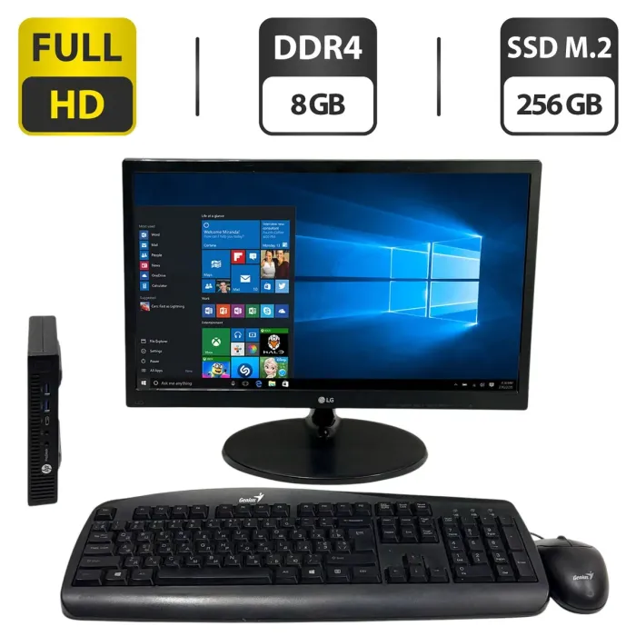 Комплект ПК: HP ProDesk 600 G2 Desktop Mini USFF / Intel Core i3-6100T (2 (4) ядра по 3.2 GHz) / 8 GB DDR4 / 256 GB SSD M.2 / Intel HD Graphics 530 / Wi-Fi + Монітор LG 22M38A-B / 22" (1920x1080) TN / VGA б/в - зображення 1