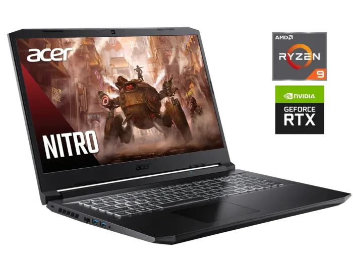 Ігровий ноутбук Acer Nitro 5 AN517-41 / 17.3" (1920x1080) IPS / AMD Ryzen 9 5900HX (8 (16) ядер по 3.3 - 4.6 GHz) / 32 GB DDR4 / 1000 GB SSD / nVidia GeForce RTX 3080, 8 GB GDDR6, 256-bit / WebCam / Win 11 Pro б/в - зображення 1