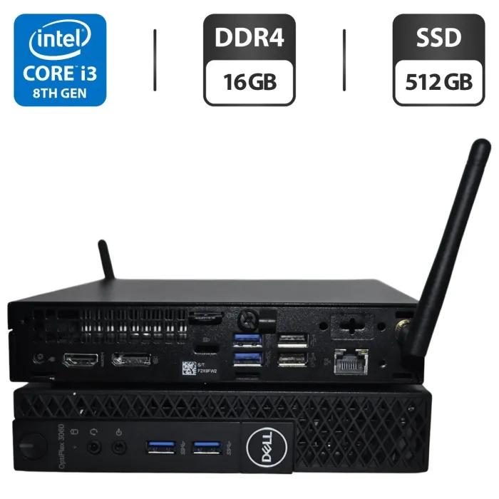 Неттоп Dell OptiPlex 3060 Micro USFF / Intel Core i3-8100T (4 ядра по 3.1 GHz) / 16 GB DDR4 / 512 GB SSD / Intel UHD Graphics 630 / Wi-Fi / Windows 11 Pro б/в - зображення 1