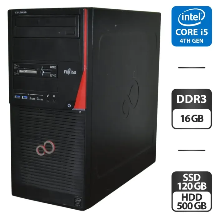 Робоча станція Fujitsu Celsius W530 Workstation Tower / Intel Core i5-4590 (4 ядра по 3.3 - 3.7 GHz) / 16 GB DDR3 / 120 GB SSD + 500 GB HDD / Intel HD Graphics 4600 / DVD-ROM б/в - зображення 1