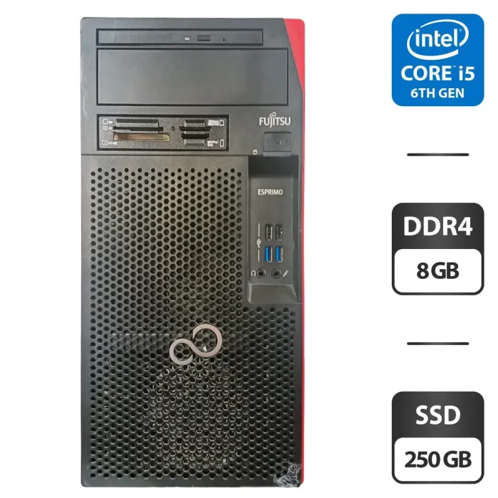 Комп'ютер Fujitsu Esprimo P557 E85+ Tower / Intel Core i5-6400 (4 ядра по 2.7 - 3.3 GHz) / 8 GB DDR4 / 250 GB SSD / Intel HD Graphics 530 / 280W / DVD-ROM / DVI б/в - зображення 1