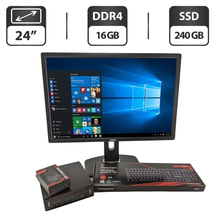 Комплект ПК: Fujitsu Esprimo Q558 USFF / Intel Core i5-9400T (6 ядер по 1.8 - 3.4 GHz) / 16 GB DDR4 / 240 GB SSD / Intel UHD Graphics 630 / Блок живлення + Монітор Dell U2412M / 24" (1920x1200) IPS / VGA, DVI, DisplayPort, USB-Hub + Клавіатура, мишка б/в - зображення 1