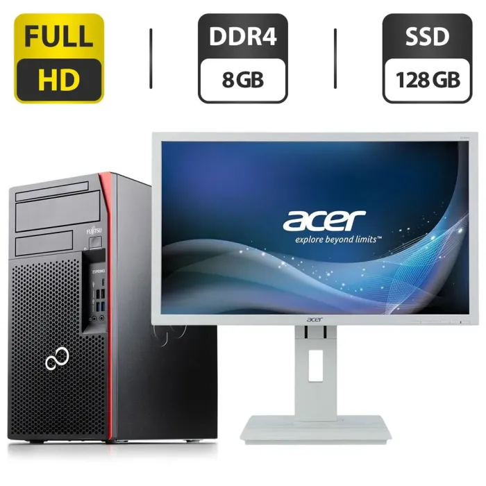 Комплект ПК: комп'ютер Fujitsu Esprimo P757 E90 Tower / Intel Core i3-6100 (2 (4) ядра по 3.7 GHz) / 8 GB DDR4 / 128 GB SSD / Intel HD Graphics 530 + Монітор Б-клас Acer B246HL / 24" (1920x1080) TN б/в - зображення 1