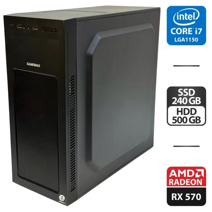 Комп'ютер GameMax MB980AF Black Tower / Intel Core i7-4790S (4 (8) ядра по 3.2 - 4.0 GHz) / 16 GB DDR3 / 240 GB SSD + 500 GB HDD / AMD Radeon RX 570, 4 GB GDDR5, 256-bit / 400W б/в - зображення 1