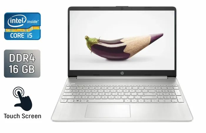 Ноутбук HP 15-dy1043dx / 15.6" (1366x768) TN Touch / Intel Core i5-1035G1 (4 (8) ядра по 1.0 - 3.6 GHz) / 16 GB DDR4 / 512 GB SSD / Intel UHD Graphics / WebCam / Windows 10 б/в - зображення 1