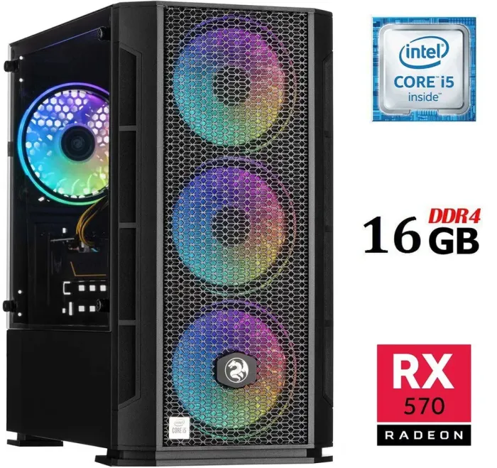Ігровий ПК Dtop Gaming i567 Tower / Intel Core i5-6400 (4 ядра по 2.7 - 3.3 GHz) / 16 GB DDR4 / 480 GB SSD / AMD Radeon RX 570, 4 GB GDDR5, 256-bit / 500W б/в - зображення 1