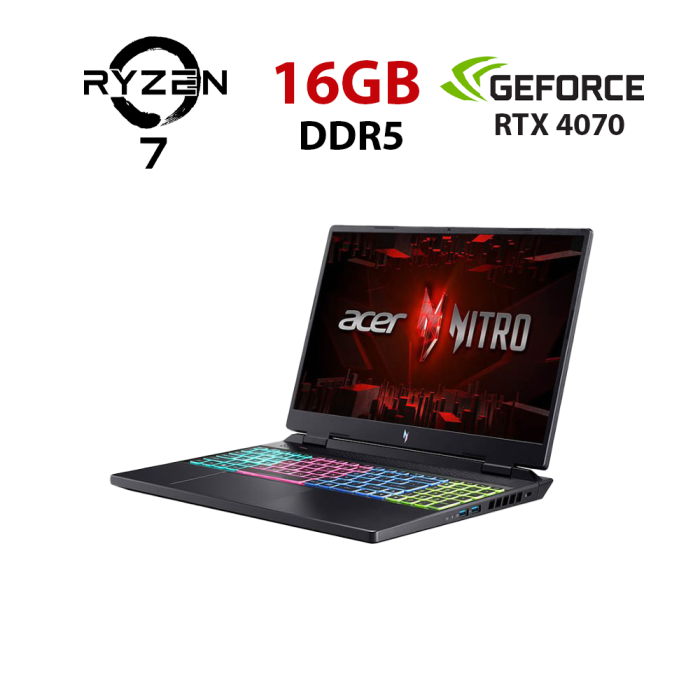 Ігровий ноутбук Acer Nitro 16 AN16-41-R0ZY / 16" (1920x1080) IPS / AMD Ryzen 7 7735HS (8 (16) ядер по 3,2 - 4,75 ГГц) / 16 ГБ DDR5 / 960 ГБ SSD / nVidia GeForce RTX 4070, 8 ГБ GDDR6, 128-біт / Веб-камера б/в - зображення 1