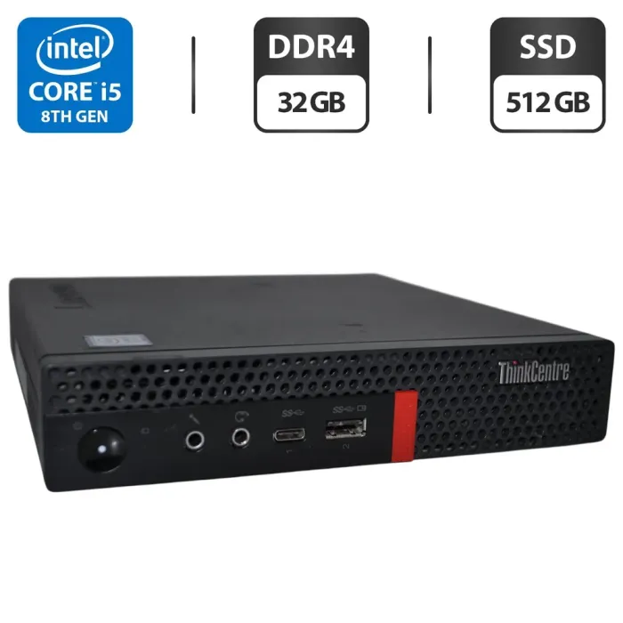 Неттоп Lenovo ThinkCentre M720q Tiny USFF / Intel Core i5-8400T (6 ядер по 1.7 - 3.3 GHz) / 32 GB DDR4 / 512 GB SSD / Intel UHD Graphics 630 / Wi-Fi / Windows 11 Pro б/в - зображення 1