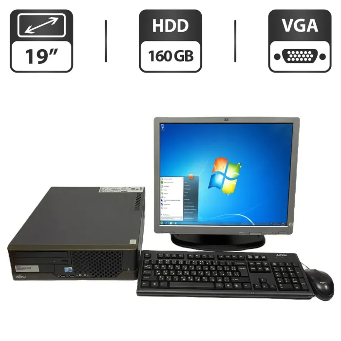 Комплект ПК: комп'ютер Б-клас Fujitsu Esprimo E5730 SFF / Intel Core 2 Duo E8500 (2 ядра по 3.16 GHz) / 4 GB DDR2 / 160 GB HDD / Intel Graphics / DVD-ROM + Монітор Б-клас HP Compaq LA1951g / 19" (1280x1024) TN / VGA б/в - зображення 1