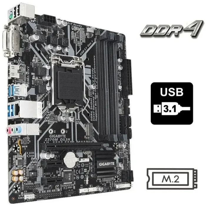 Материнська плата Gigabyte Z370M DS3H / Socket LGA1151 / USB 3.1 / M.2 б/в - зображення 1
