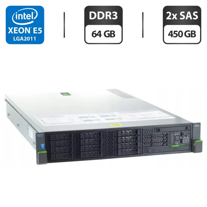 Сервер Fujitsu RX300 S8 2U Rack / 2x Intel Xeon E5-2660 v2 (8 (16) ядер по 2.6 - 3.4 GHz) / 64 GB DDR3 / 2x 450 GB SAS / iRMC S3 Graphics / Два блоки живлення 450W б/в - зображення 1