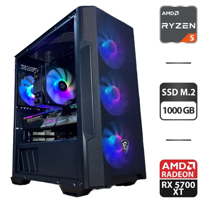 Збірка під замовлення: комп'ютер MSI MAG Forge M100R Black Tower / AMD Ryzen 5 5600 (6 (12) ядер по 3.5 - 4.4 GHz) / 32 GB DDR4 / 1000 GB SSD M.2 / AMD Radeon RX 5700 XT, 8 GB GDDR6, 256-bit / 650W б/в - зображення 1