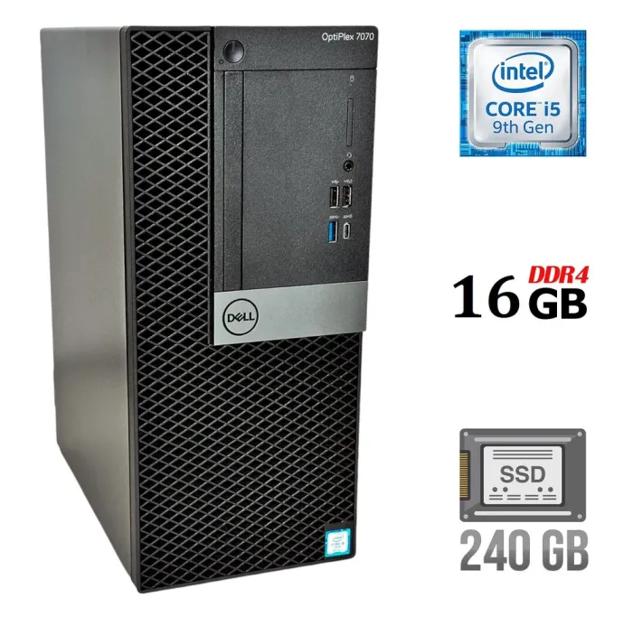 Комп'ютер Б-клас Dell OptiPlex 7070 Tower / Intel Core i5-9500 (6 ядер по 3.0 - 4.4 GHz) / 16 GB DDR4 / 240 GB SSD / Intel UHD Graphics 630 / 260W / DisplayPort б/в - зображення 1