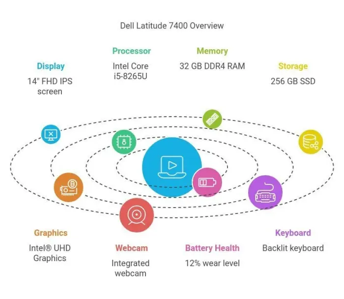Ультрабук Dell Latitude 7400 / 14" (1920x1080) IPS / Intel Core i5-8265U (4 (8) ядра по 1.6 - 3.9 GHz) / 32 GB DDR4 / 256 GB SSD / Intel UHD Graphics / WebCam / Windows 11 Pro б/в - зображення 3