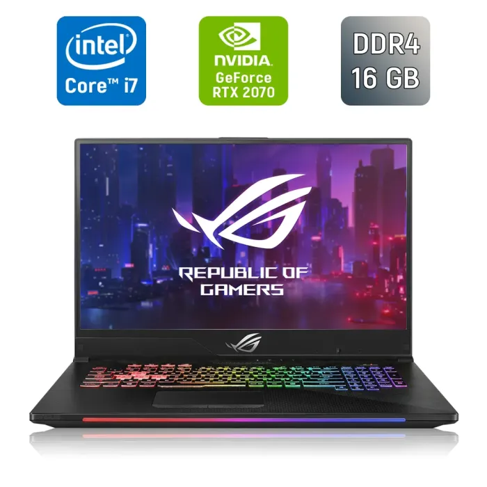 Ігровий ноутбук Б-класу Asus ROG Strix GL704G / 17.3" (1920x1080) IPS / Intel Core i7-8750H (6 (12) ядер по 2.2 - 4.1 GHz) / 16 GB DDR4 / 512 GB SSD + 256 GB SSD / nVidia GeForce RTX 2070, 8 GB GDDR6, 256-bit / HDMI / Windows 10 б/в - зображення 1
