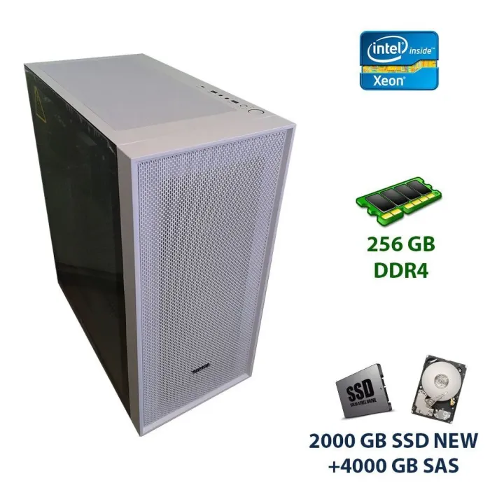 Сервер Vinga Midi Tower / 2x Intel Xeon E5-2680 v4 (14 (28) ядер по 2.4 - 3.3 GHz) / 1600 GB SSD NEW+4000 GB SAS / 256 GB DDR4 / 1000W Gold б/в - зображення 1