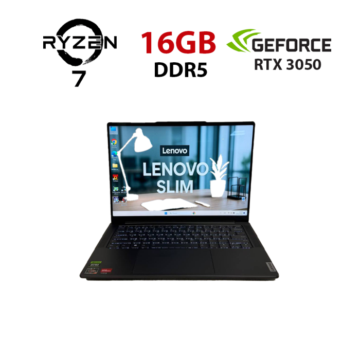 Ігровий ноутбук Б-класу Lenovo Slim Pro 7 14ARP8 / 14" (2560x1440) IPS Touch / AMD Ryzen 7 7735HS (8 (16) ядер 3,2 - 4,75 ГГц) / 16 ГБ DDR5 / 512 ГБ SSD / nVidia GeForce RTX 3050, 6 ГБ GDDR6, 96-біт / Веб-камера б/в - зображення 1
