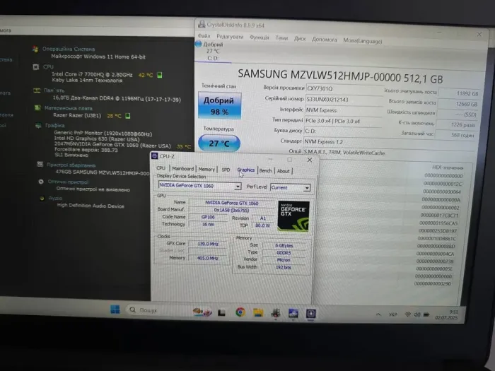 Ігровий ноутбук Razer Blade 14 RZ09-0195 / 14" (1920x1080) IPS / Intel Core i7-7700HQ (4 (8) ядра по 2.8 - 3.8 GHz) / 16 GB DDR4 / 512 GB SSD NVMe / nVidia GeForce GTX 1060, 6 GB GDDR5, 192-bit / WebCam / Win 11 б/в - зображення 8