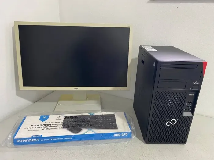 Комплект ПК: комп'ютер Fujitsu Esprimo P558 E85 Tower / Intel Core i3-8100 (4 ядра по 3.6 GHz) / 8 GB DDR4 / 128 GB SSD + 500 GB HDD / Intel UHD Graphics 630 + Монітор Б-клас Acer B246HL / 24" (1920x1080) TN + Клавіатура, мишка, кабелі б/в - зображення 2