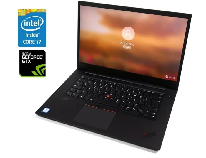 Ігровий ультрабук Lenovo ThinkPad X1 Extreme Gen2 / 15.6" (1920x1080) IPS / Intel Core i7-9850H (6 (12) ядер по 2.6 - 4.6 GHz) / 32 GB DDR4 / 1000 GB SSD / nVidia GeForce GTX 1650 Max-Q, 4 GB GDDR6, 128-bit / WebCam / Win 10 Pro б/в - зображення 1