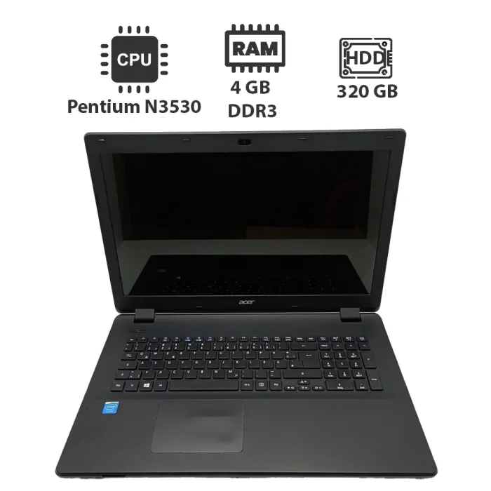 Ноутбук Acer ES1 / 15.6" (1366x768) TN / Intel Pentium N3530 (4 ядра по 2.16 - 2.58 GHz) / 4 GB DDR3 / 320 GB HDD / Intel HD Graphics / WebCam б/в - зображення 1