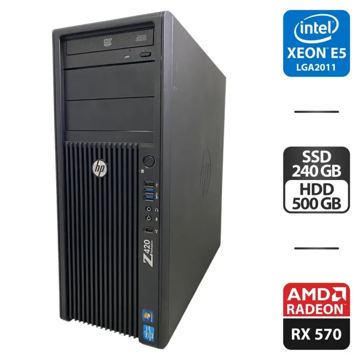 Робоча станція HP Z420 Workstation Tower / Intel Xeon E5-2680 (8 (16) ядер по 2.7 - 3.5 GHz) / 64 GB DDR3 / 240 GB SSD + 500 GB HDD / AMD Radeon RX 570, 8 GB GDDR5, 256-bit / DVD-ROM б/в - зображення 1